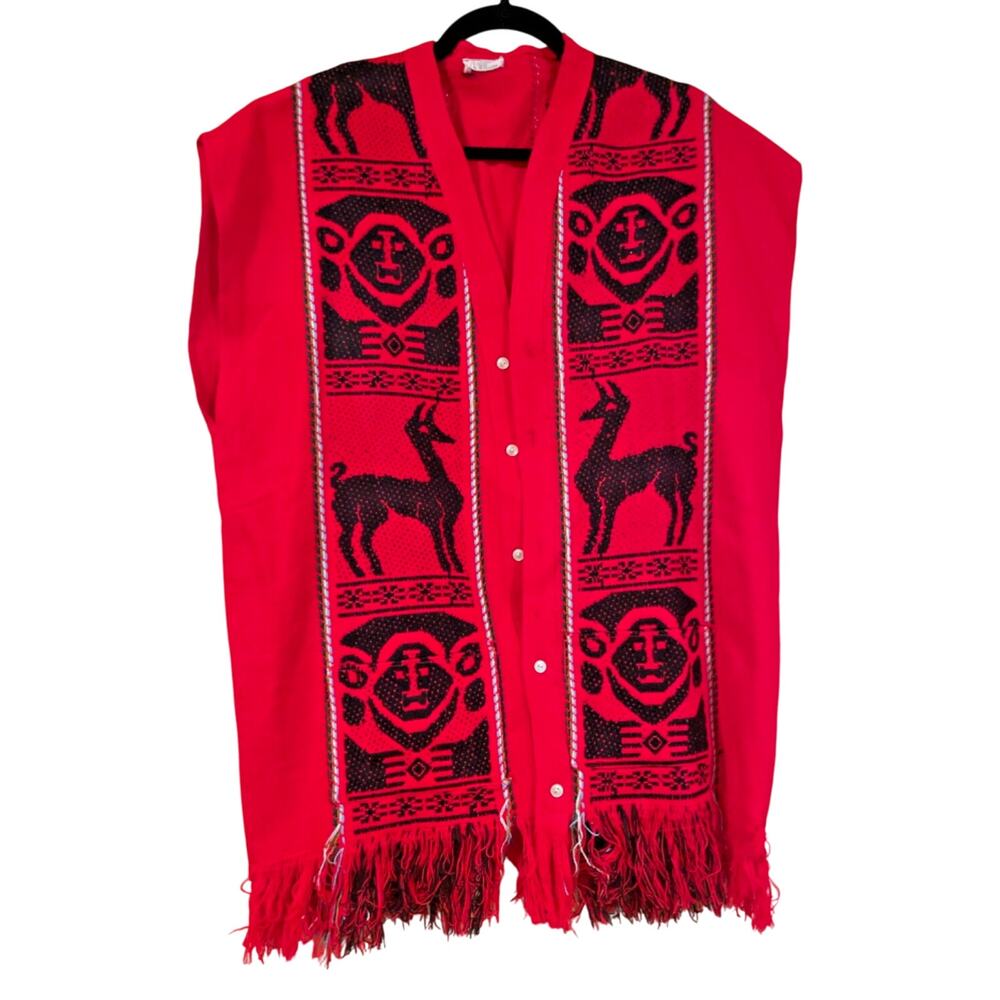 Ecuadorian Orlon Red & Black Knit Sweater Vest Fringe - One Size Fits Most